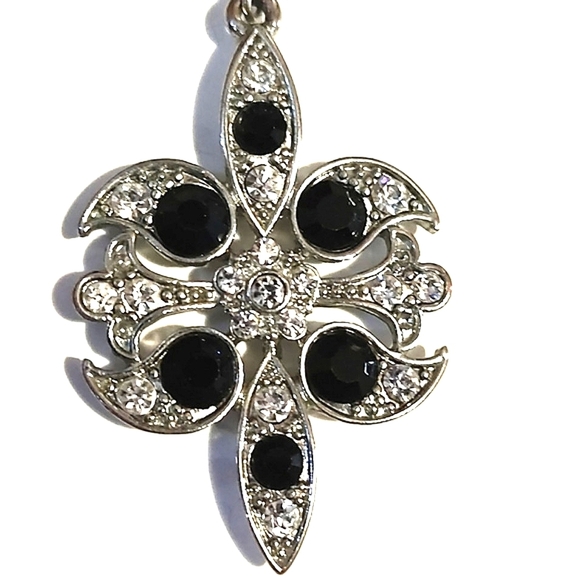 VINTAGE STERLING SILVER ONYX WHITE ZIRCON STONES DROP HOOK 2.1" EARRINGS - Picture 6 of 9